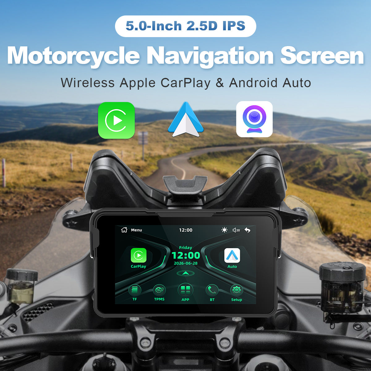 Linkifun™ MT11C 5" Motorcycle Navigation Screen with Wireless CarPlay & Android Auto, Phone Mirroring, Bluetooth 5.0, Optional TPMS & IP67 Waterproof