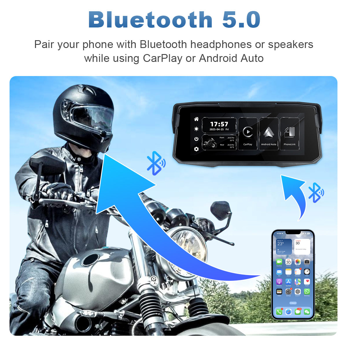 Linkifun™ MT12 6.86" Motorcycle Screen with Wireless CarPlay, Android Auto, Phone Mirroring, Optional TPMS, IP67 Waterproof & Bluetooth 5.0