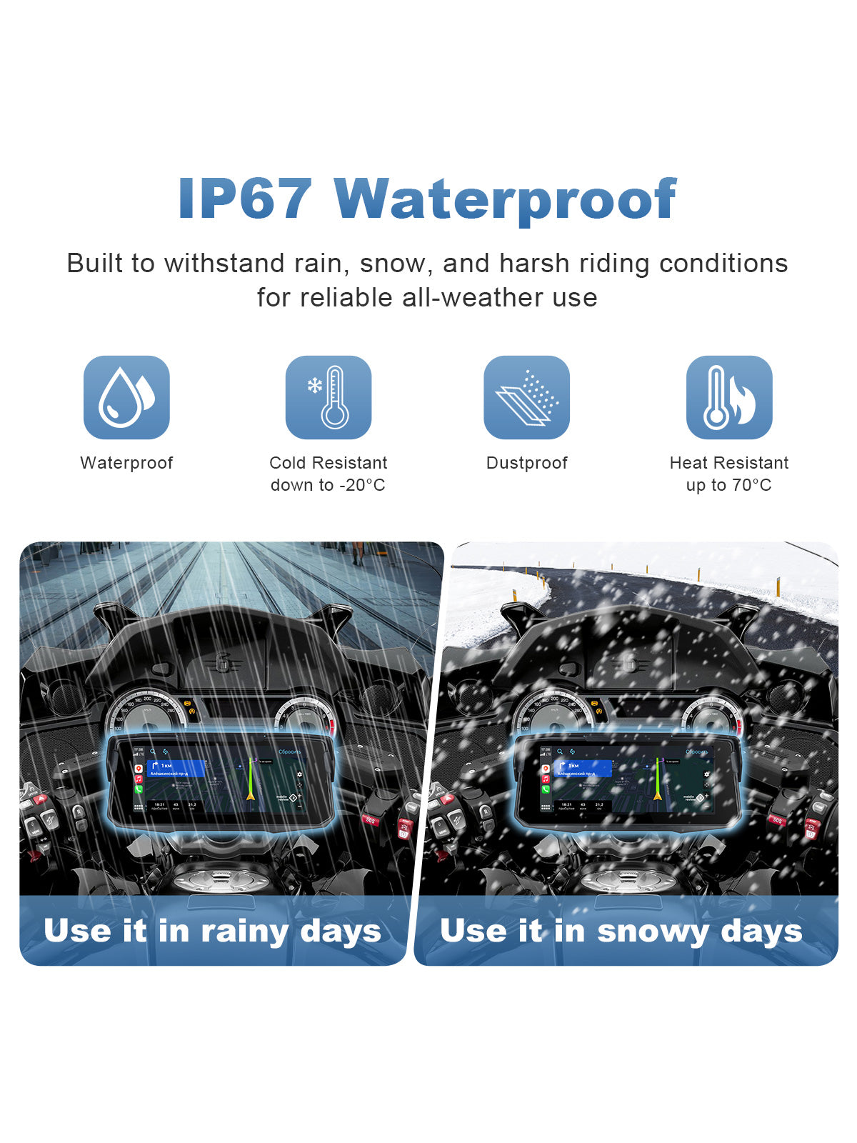 Linkifun MT12 6.86 inch motorcycle screen with IP67 waterproof and dustproof protection for all-weather riding
