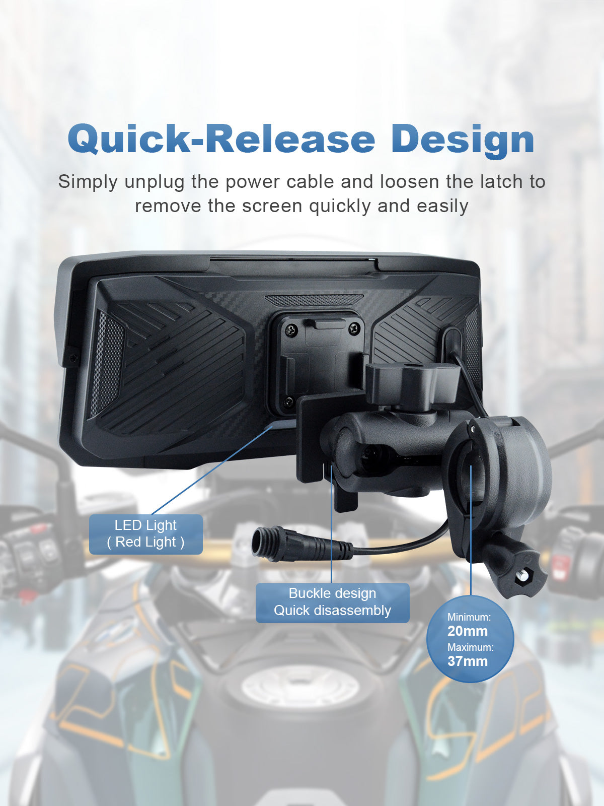 Linkifun MT12 6.86 inch motorcycle screen with quick-release mounting bracket for easy installation, removal, parking, and storage

