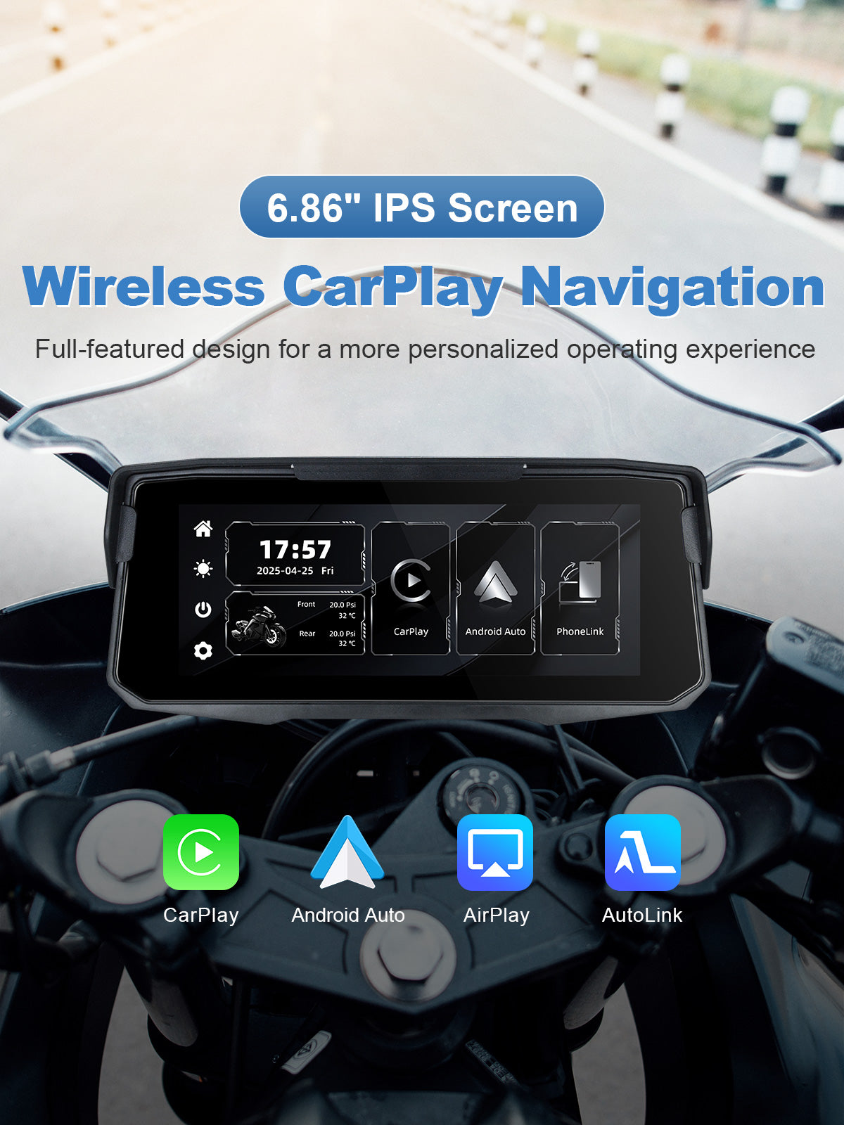 Linkifun MT12 6.86 inch motorcycle screen with wireless CarPlay, Android Auto, smart navigation, and wireless phone mirroring