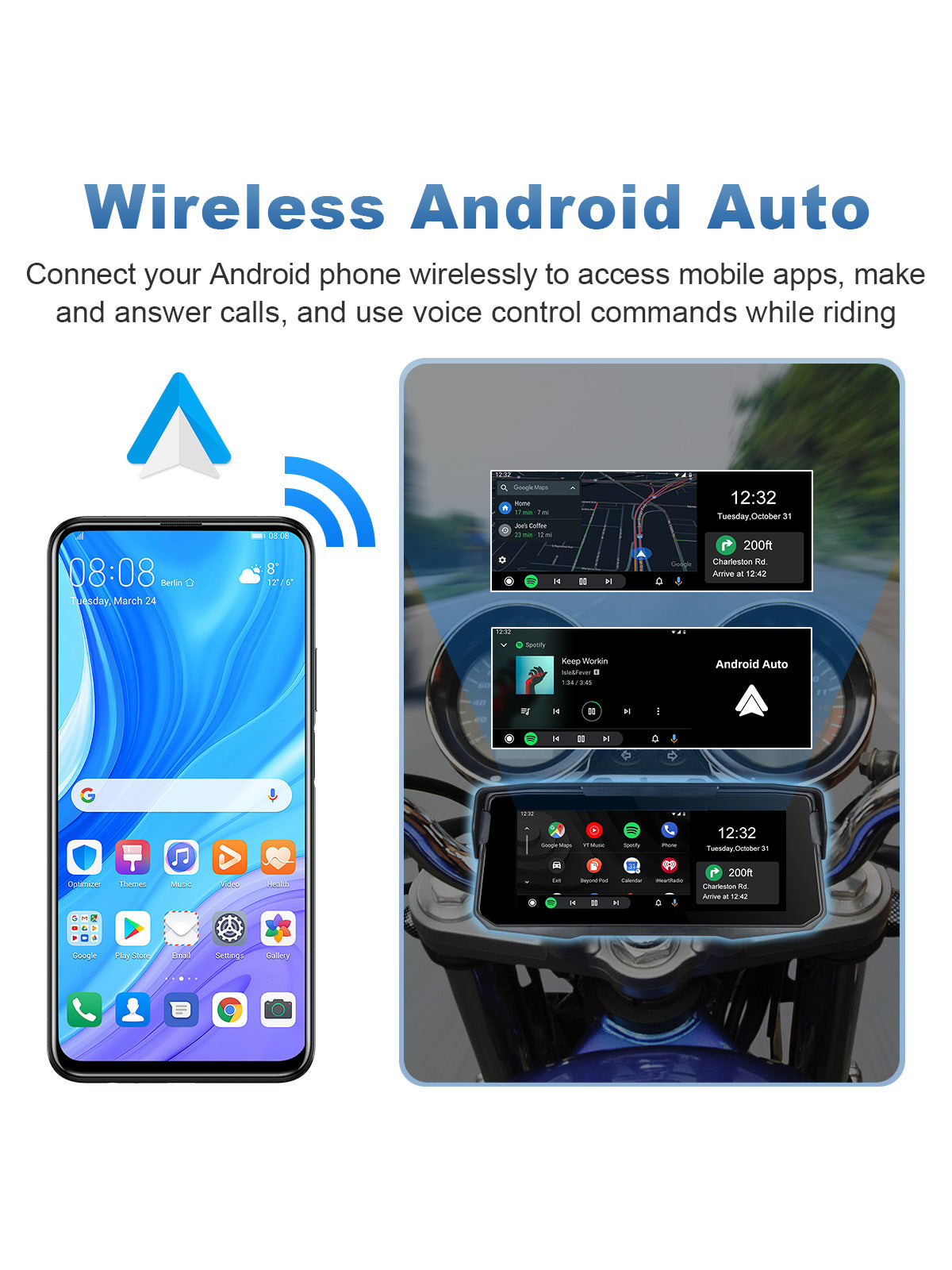 Linkifun MT12 6.86 inch motorcycle screen with wireless Android Auto, Google Maps, music, hands-free calls, notifications, and Google Assistant