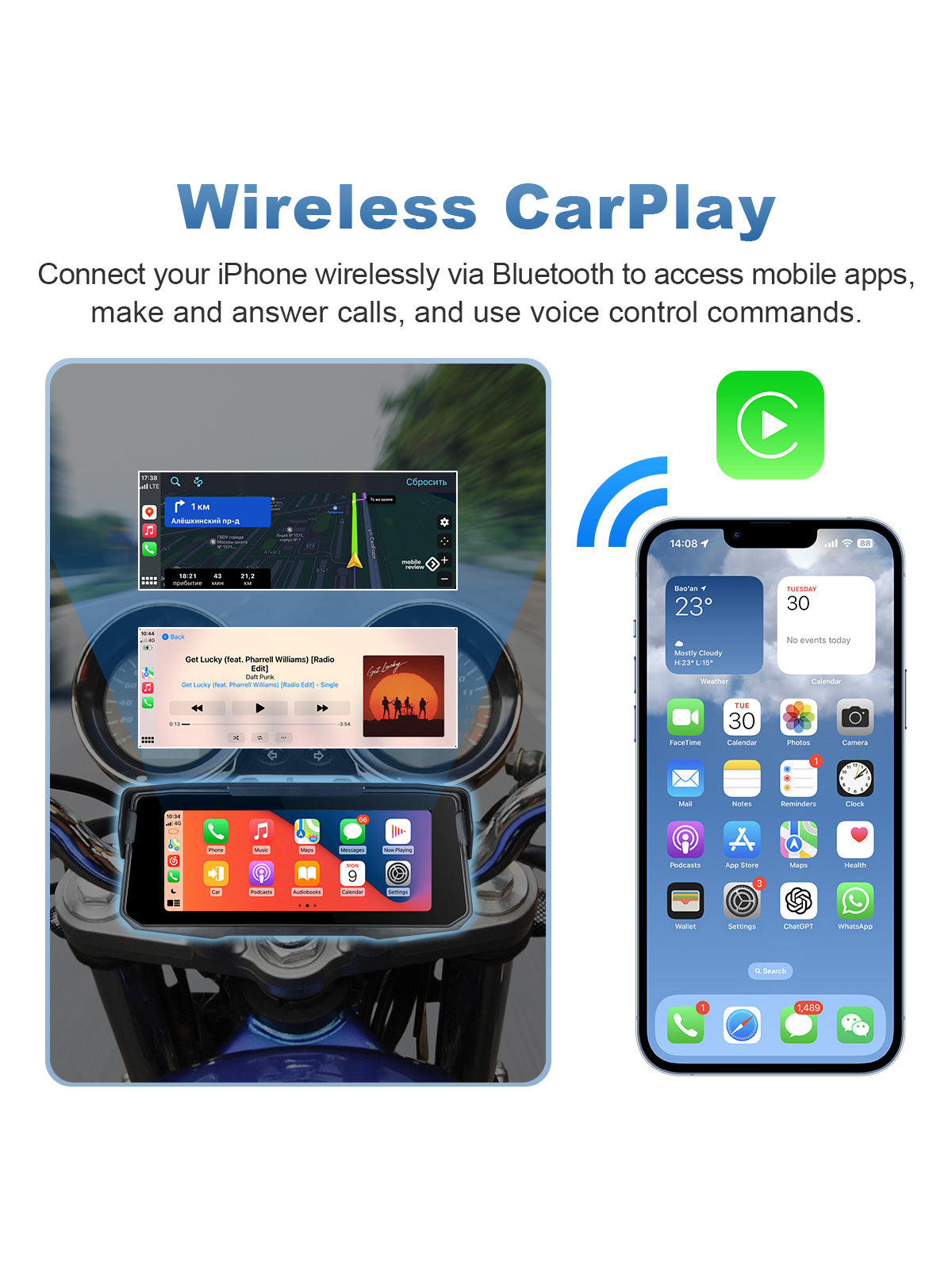 Linkifun MT12 6.86 inch motorcycle screen with wireless iPhone CarPlay connection for navigation, music, calls, messages, and Siri voice control