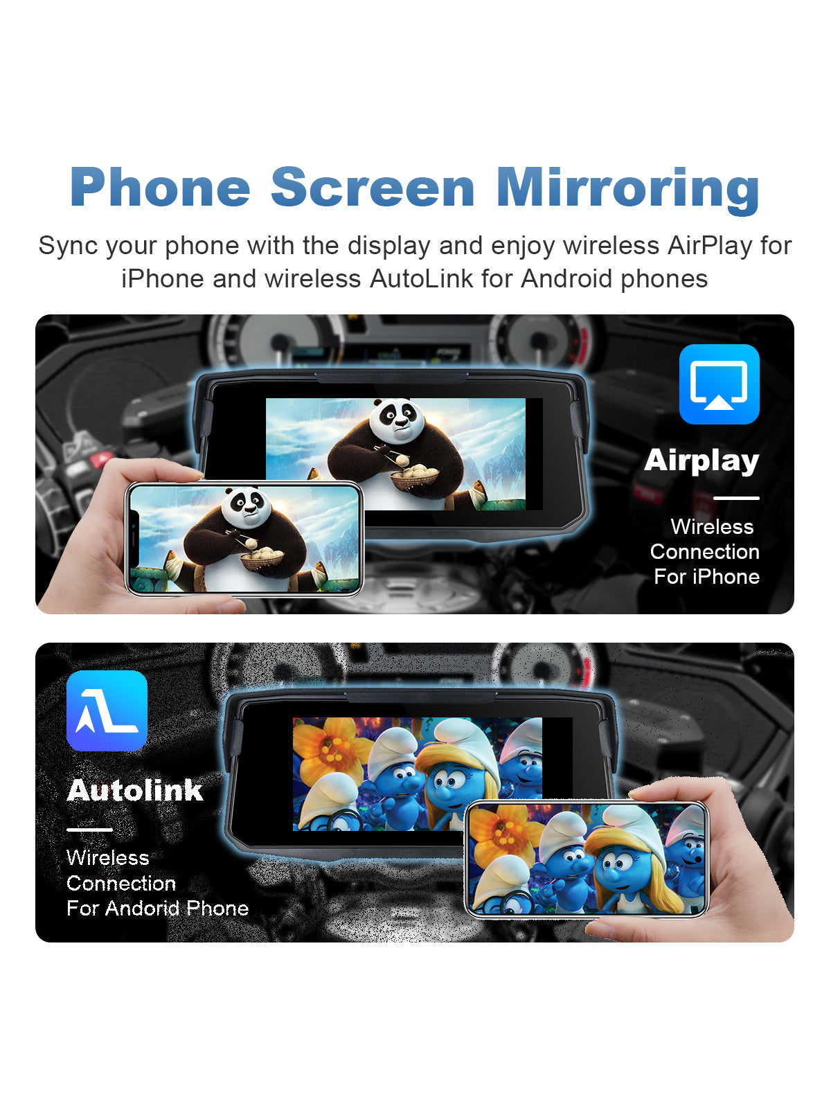 Linkifun MT12 6.86 inch motorcycle screen with wireless phone mirroring for compatible iPhone and Android phone content