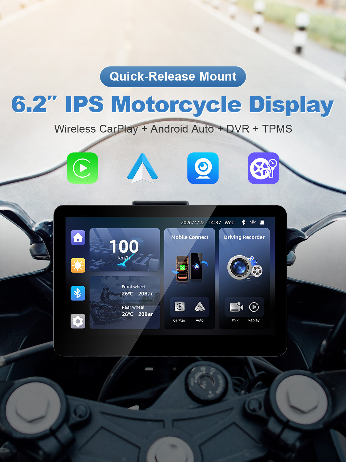 Linkifun MT13 + Bracket 6.2-inch IPS motorcycle display with quick-release mount, Wireless CarPlay, Android Auto, DVR and TPMS.