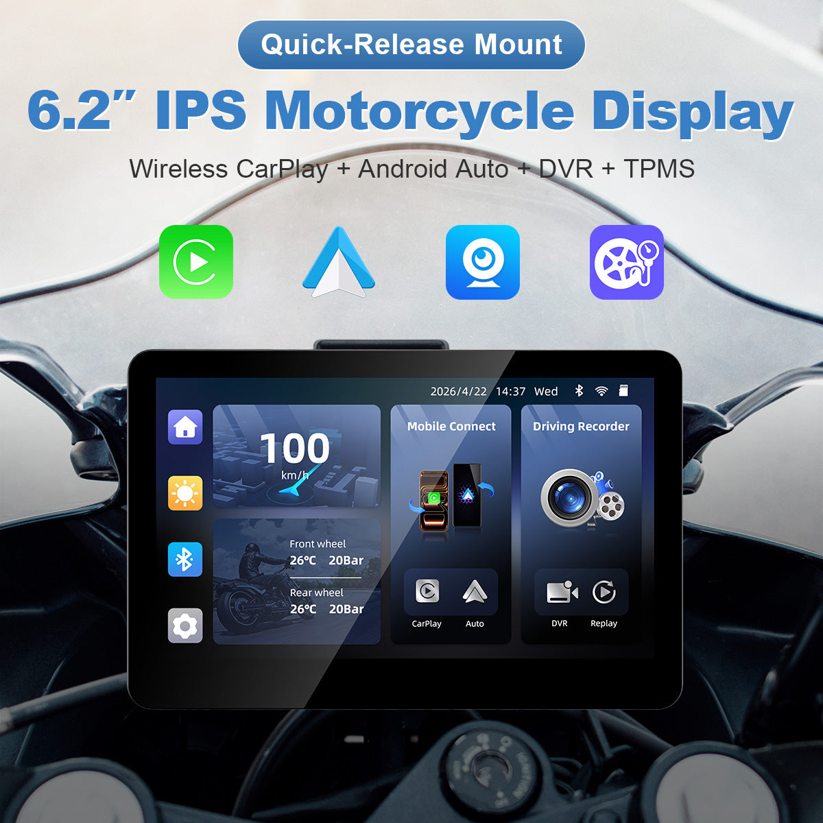 شاشة دراجة نارية Linkifun™ MT13 ‏+ حامل مقاس 6.2 بوصة – ‏CarPlay وAndroid Auto لاسلكيان، انعكاس الشاشة، ومسجل فيديو رقمي ‏+ GPS اختياري أو نظام مراقبة ضغط الإطارات (TPMS)