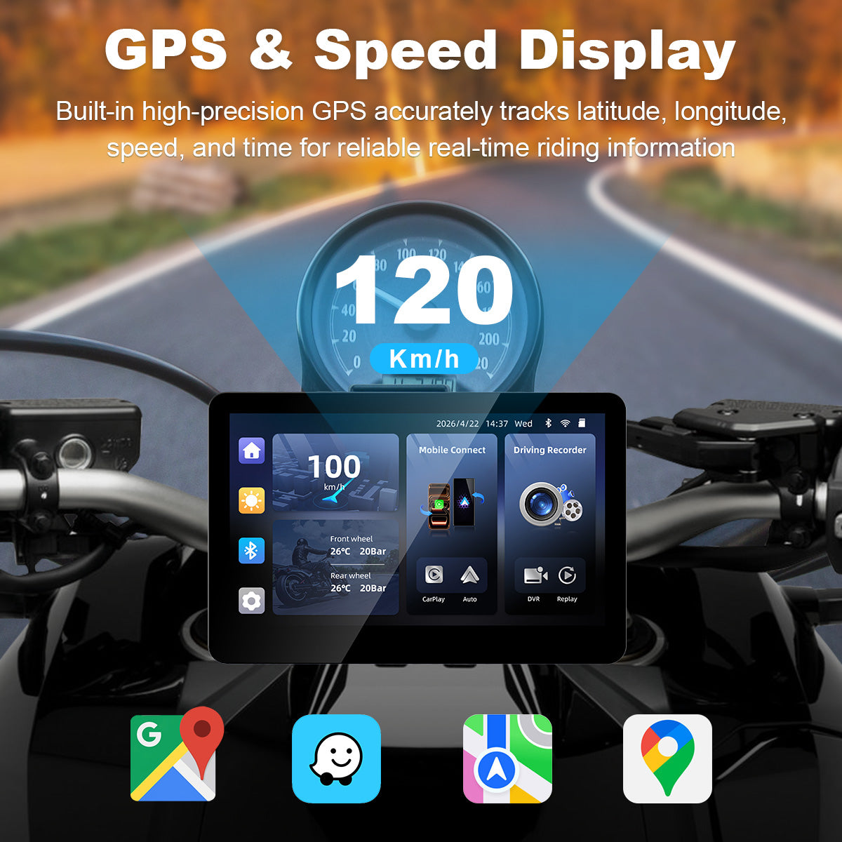 شاشة دراجة نارية Linkifun™ MT13 ‏+ حامل مقاس 6.2 بوصة – ‏CarPlay وAndroid Auto لاسلكيان، انعكاس الشاشة، ومسجل فيديو رقمي ‏+ GPS اختياري أو نظام مراقبة ضغط الإطارات (TPMS)