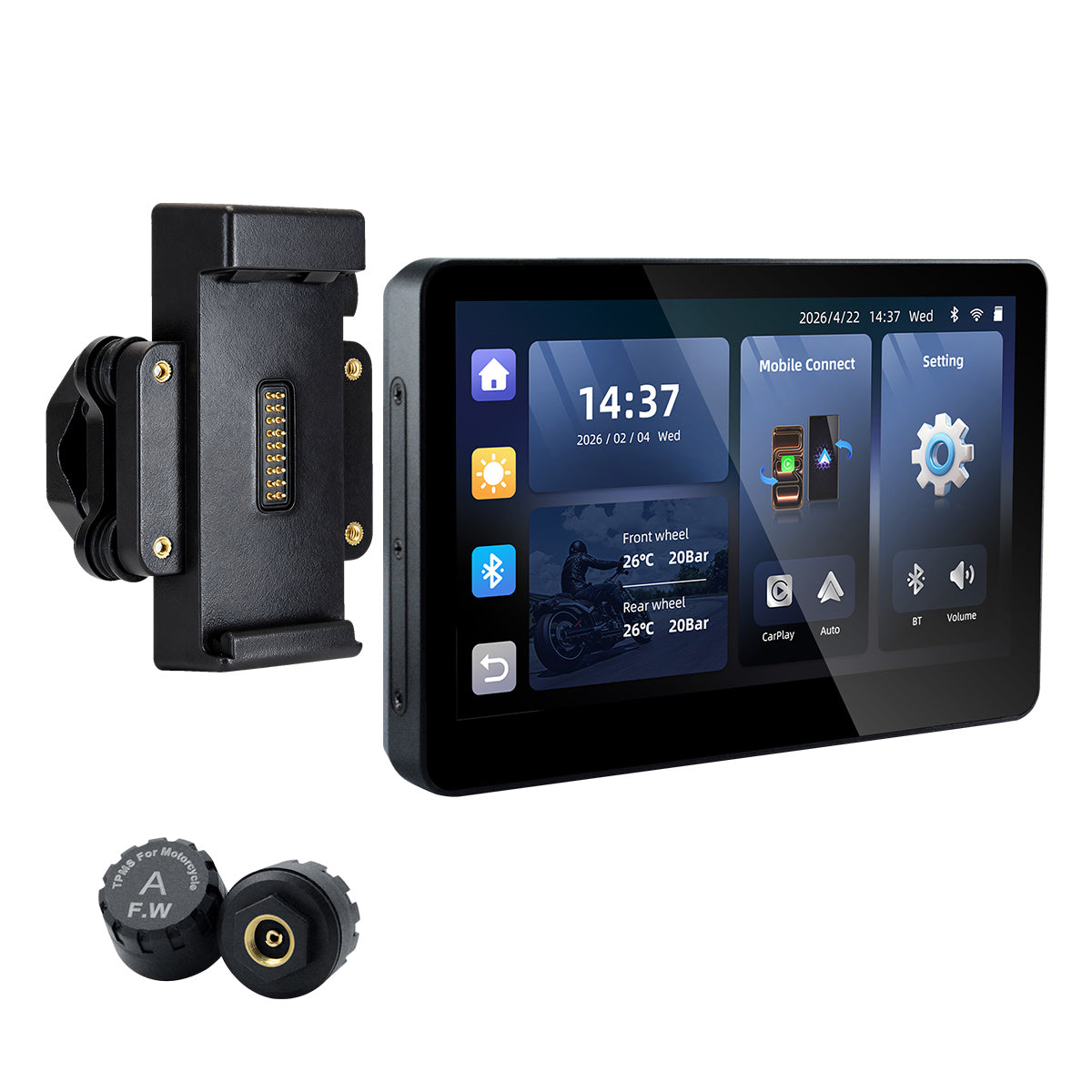 شاشة دراجة نارية Linkifun™ MT13 + حامل 6.2 بوصة – CarPlay وAndroid Auto لاسلكيان، ومسجل فيديو رقمي بعدسة مزدوجة، ونظام GPS، ونظام مراقبة ضغط الإطارات، وشاشة مقسمة