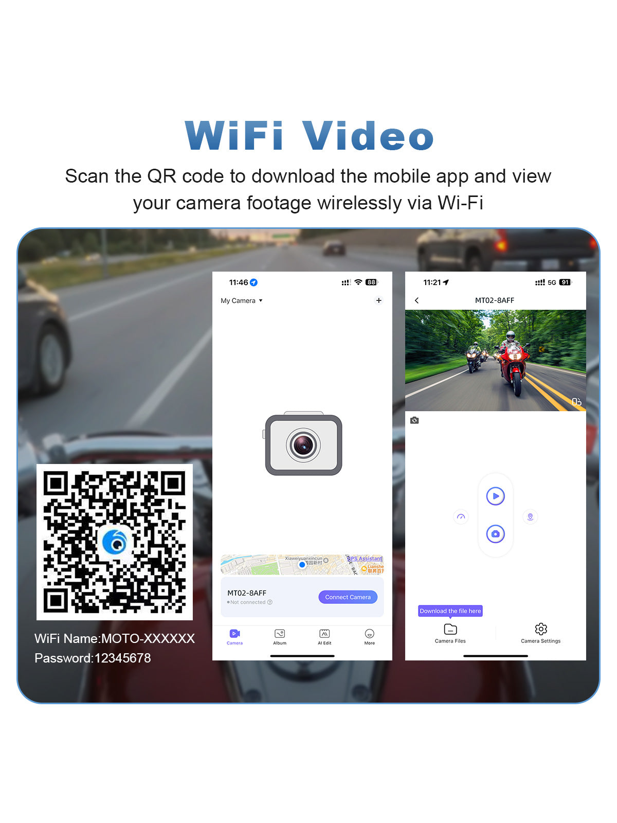 Linkifun MT13 + Bracket 6.2-inch motorcycle display with Wi-Fi video viewing and mobile app access for DVR footage preview and download.