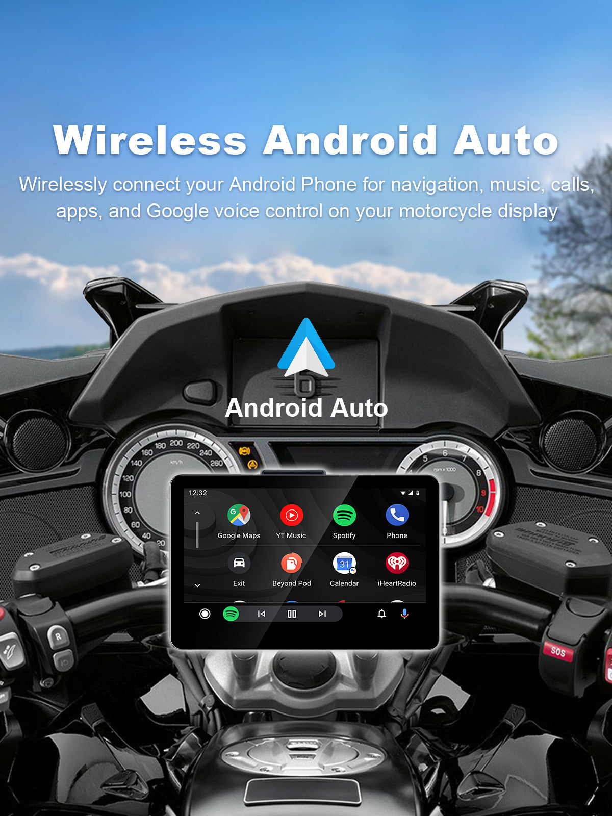 Linkifun MT13 + Bracket 6.2-inch motorcycle display with Wireless Android Auto for navigation, music, calls, apps and Google voice control.