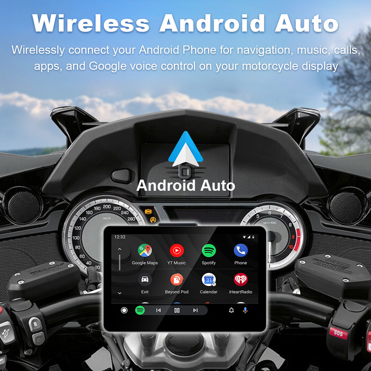 شاشة دراجة نارية Linkifun™ MT13 ‏+ حامل مقاس 6.2 بوصة – ‏CarPlay وAndroid Auto لاسلكيان، انعكاس الشاشة، ومسجل فيديو رقمي ‏+ GPS اختياري أو نظام مراقبة ضغط الإطارات (TPMS)