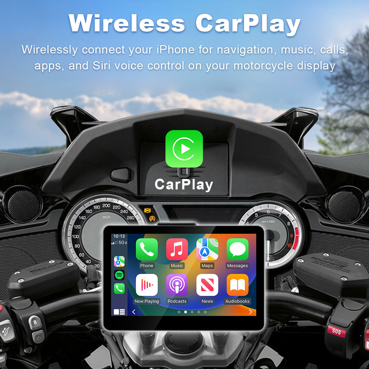 شاشة دراجة نارية Linkifun™ MT13 ‏+ حامل مقاس 6.2 بوصة – ‏CarPlay وAndroid Auto لاسلكيان، انعكاس الشاشة، ومسجل فيديو رقمي ‏+ GPS اختياري أو نظام مراقبة ضغط الإطارات (TPMS)