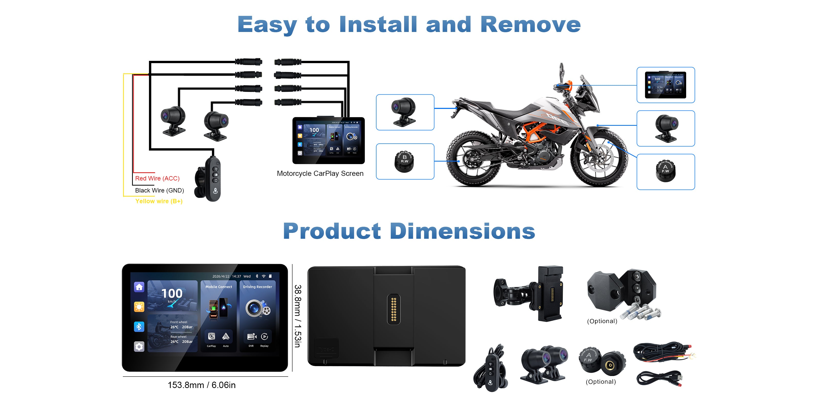 Linkifun MT13 universal bracket motorcycle navigation screen with DVR GPS product specifications desktop view