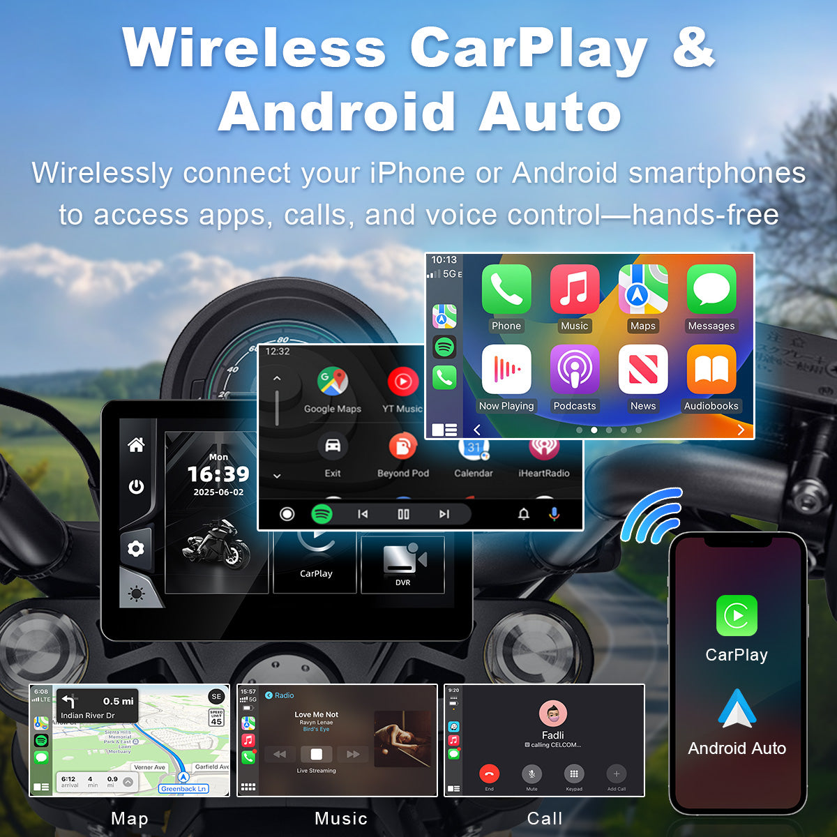 Linkifun™ MT13 + Bracket 6.2" Motorcycle Navigation Screen – Wireless CarPlay & Android Auto, Screen Mirroring, Optional DVR & GPS