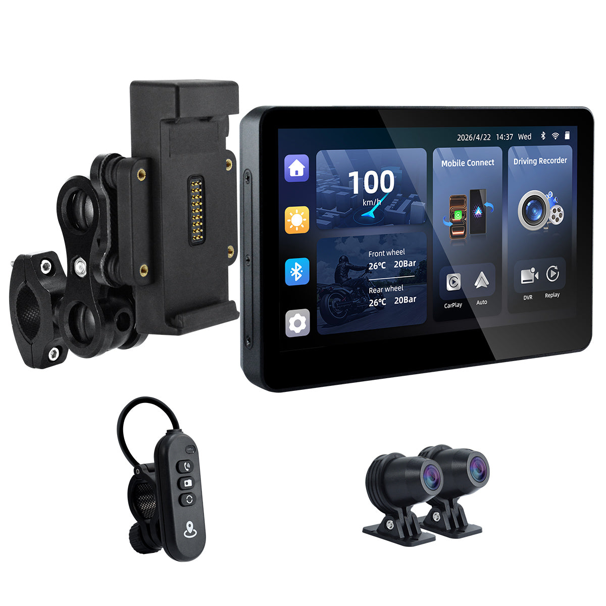 شاشة دراجة نارية Linkifun™ MT13 ‏+ حامل مقاس 6.2 بوصة – ‏CarPlay وAndroid Auto لاسلكيان، انعكاس الشاشة، ومسجل فيديو رقمي ‏+ GPS اختياري أو نظام مراقبة ضغط الإطارات (TPMS)