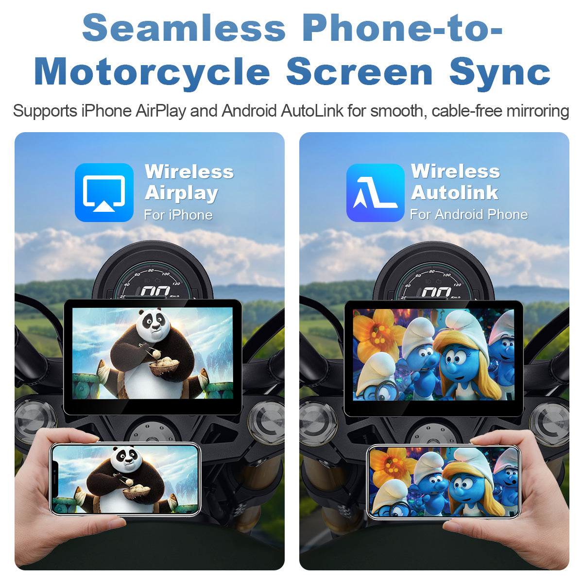 شاشة دراجة نارية Linkifun™ MT13 ‏+ حامل مقاس 6.2 بوصة – ‏CarPlay وAndroid Auto لاسلكيان، انعكاس الشاشة، ومسجل فيديو رقمي ‏+ GPS اختياري أو نظام مراقبة ضغط الإطارات (TPMS)