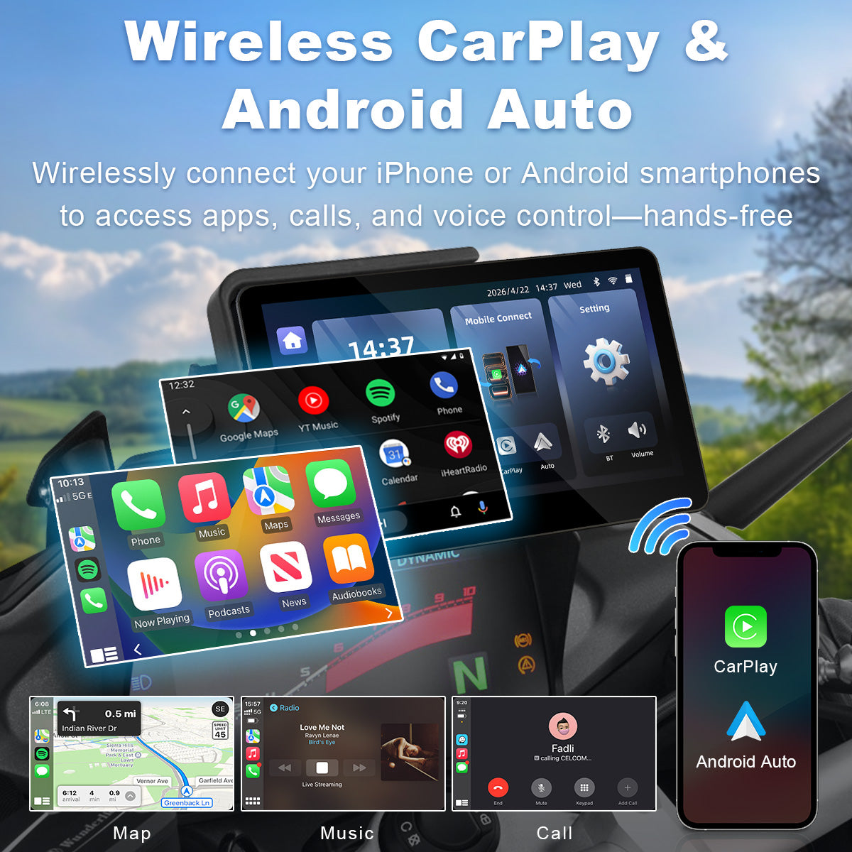 Linkifun™ MT13A 6.2" Motorcycle Display for BMW with OEM Bracket, Wireless CarPlay & Android Auto, Optional TPMS, GPS, IP67 Waterproof