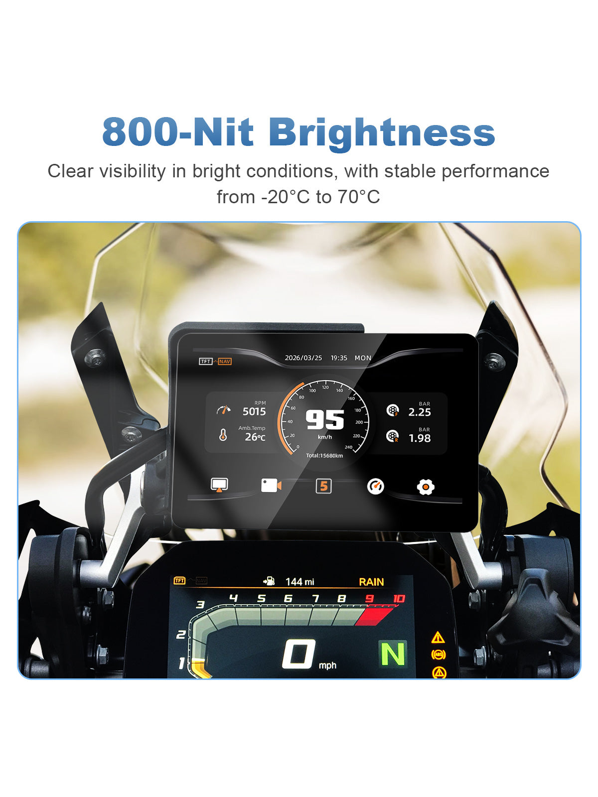 Linkifun MT13A Pro 6.2-inch BMW motorcycle display with 800-nit brightness for clear outdoor visibility and -20°C to 70°C operating temperature.