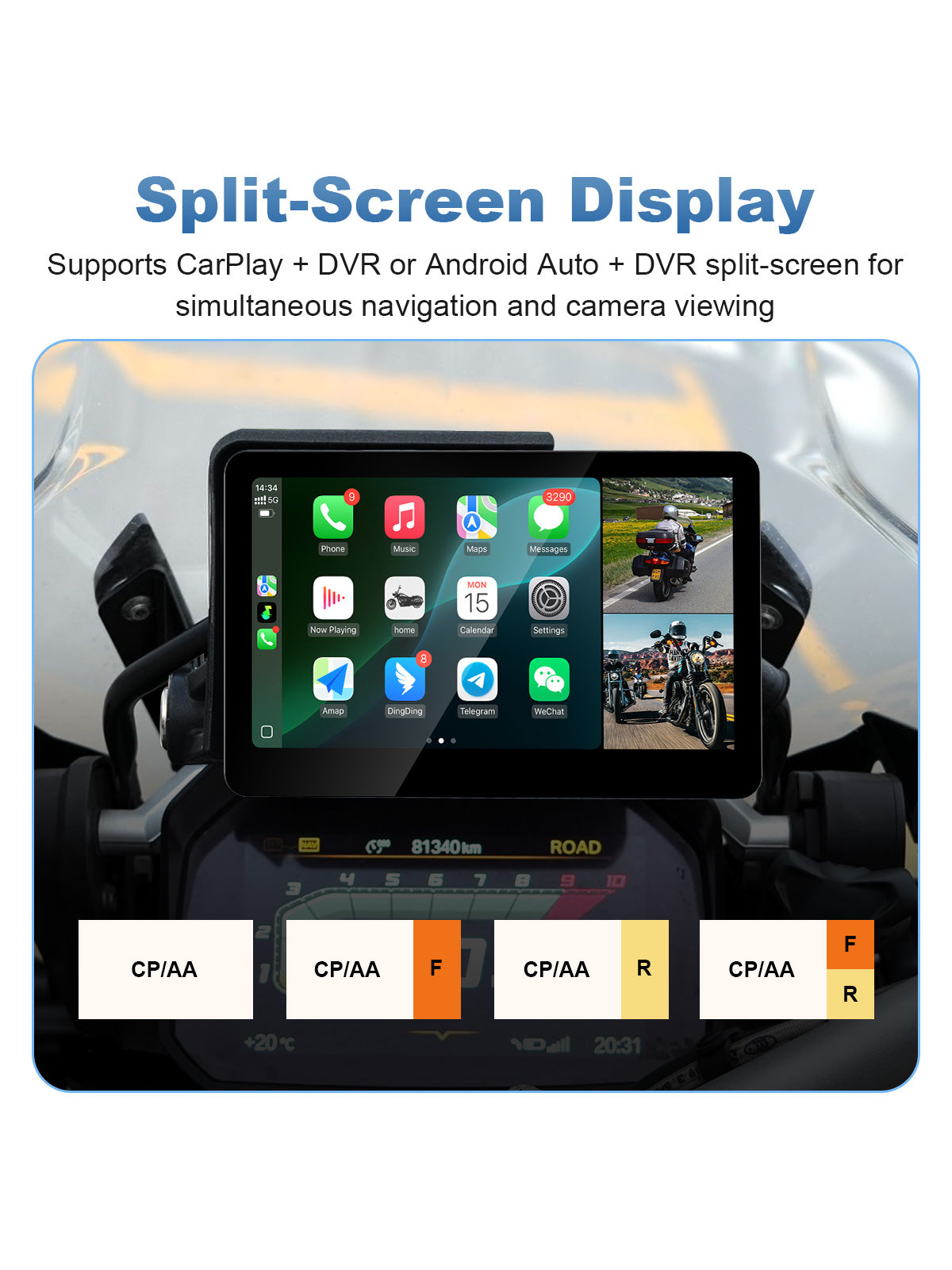 Linkifun MT13A Pro 6.2-inch BMW motorcycle display with CarPlay, Android Auto and DVR split-screen for simultaneous navigation and camera viewing.