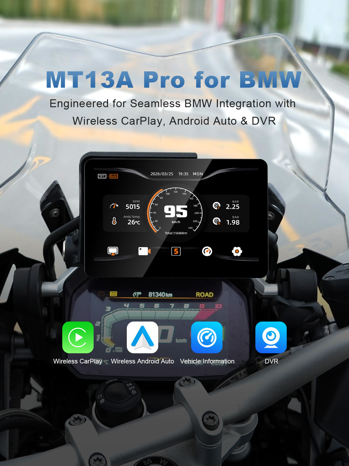 6.2-inch motorcycle display for BMW with Wireless CarPlay, Android Auto, vehicle information and DVR recording.