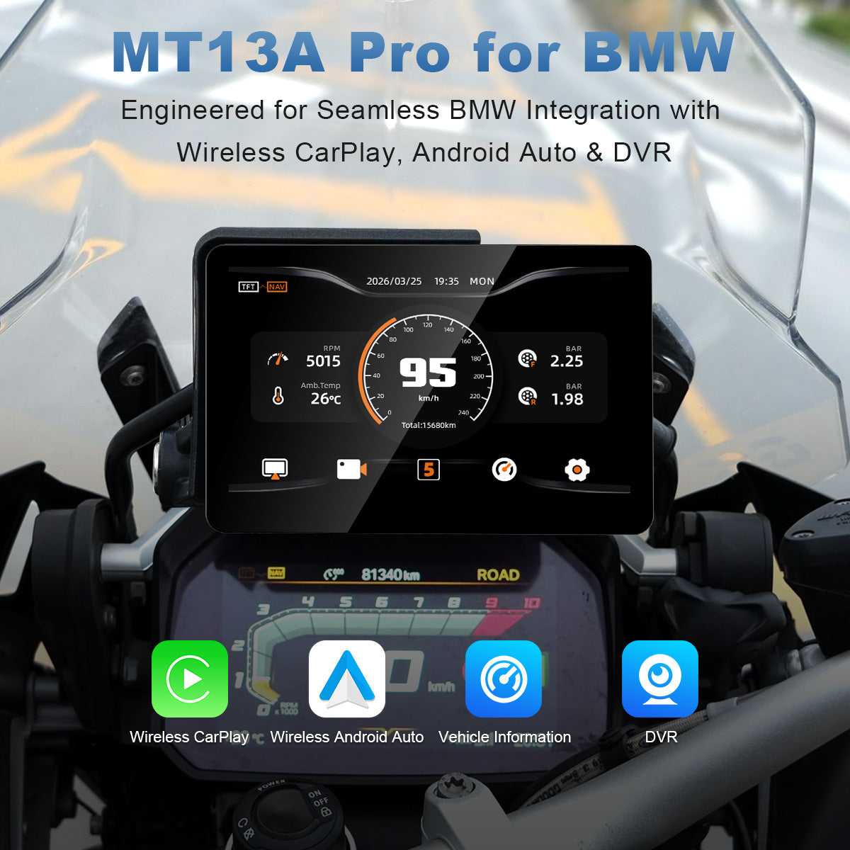 Linkifun MT13A Pro DVR 6,2-Zoll-Motorraddisplay für BMW, kabelloses CarPlay und Android Auto, Wonder Wheel, duale 1080P-DVRs