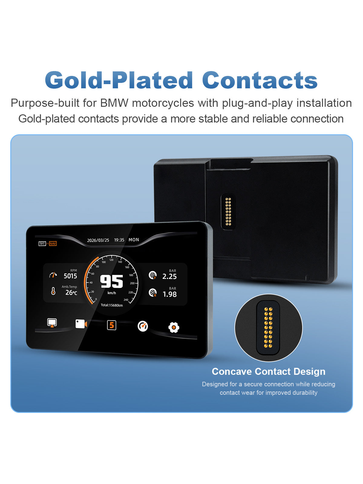 Linkifun MT13A Pro 6.2-inch BMW motorcycle display with gold-plated concave contacts for stable connection and improved durability.
