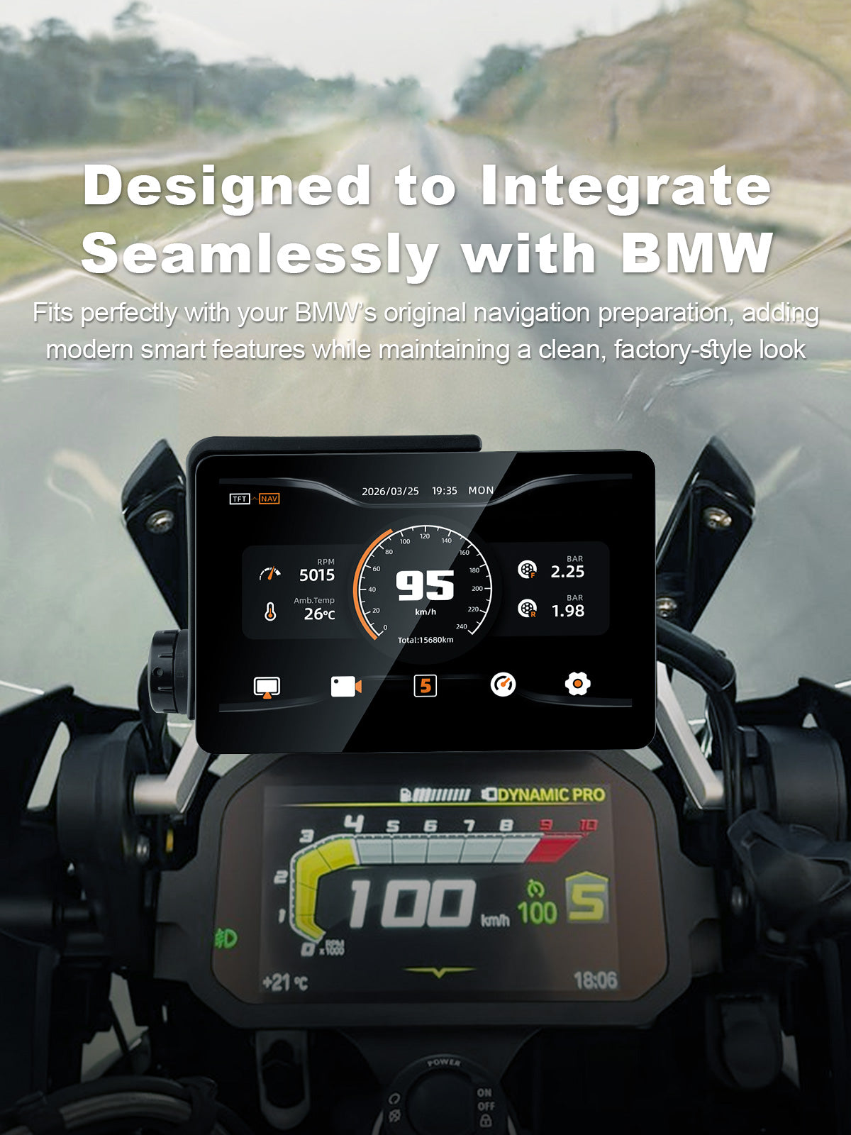 Linkifun MT13A Pro 6.2-inch motorcycle display seamlessly integrated with BMW original navigation preparation.