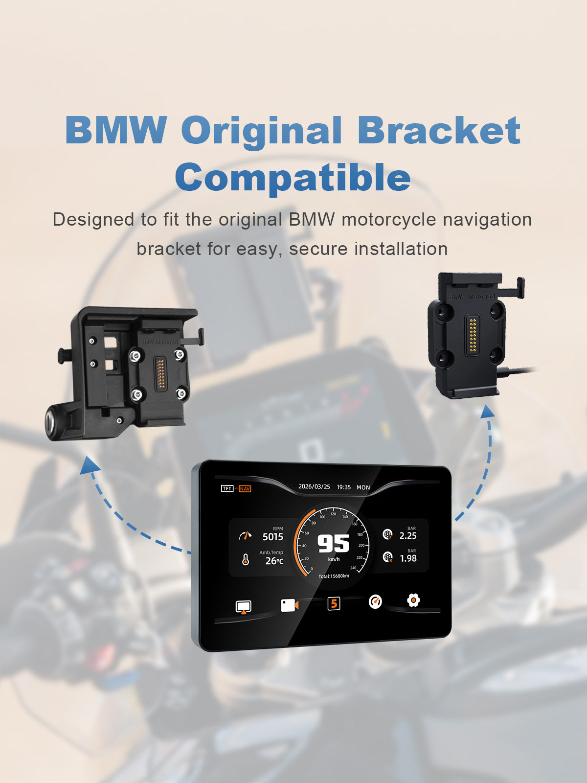Linkifun MT13A Pro 6.2-inch BMW motorcycle display compatible with the original BMW navigation bracket for secure installation.