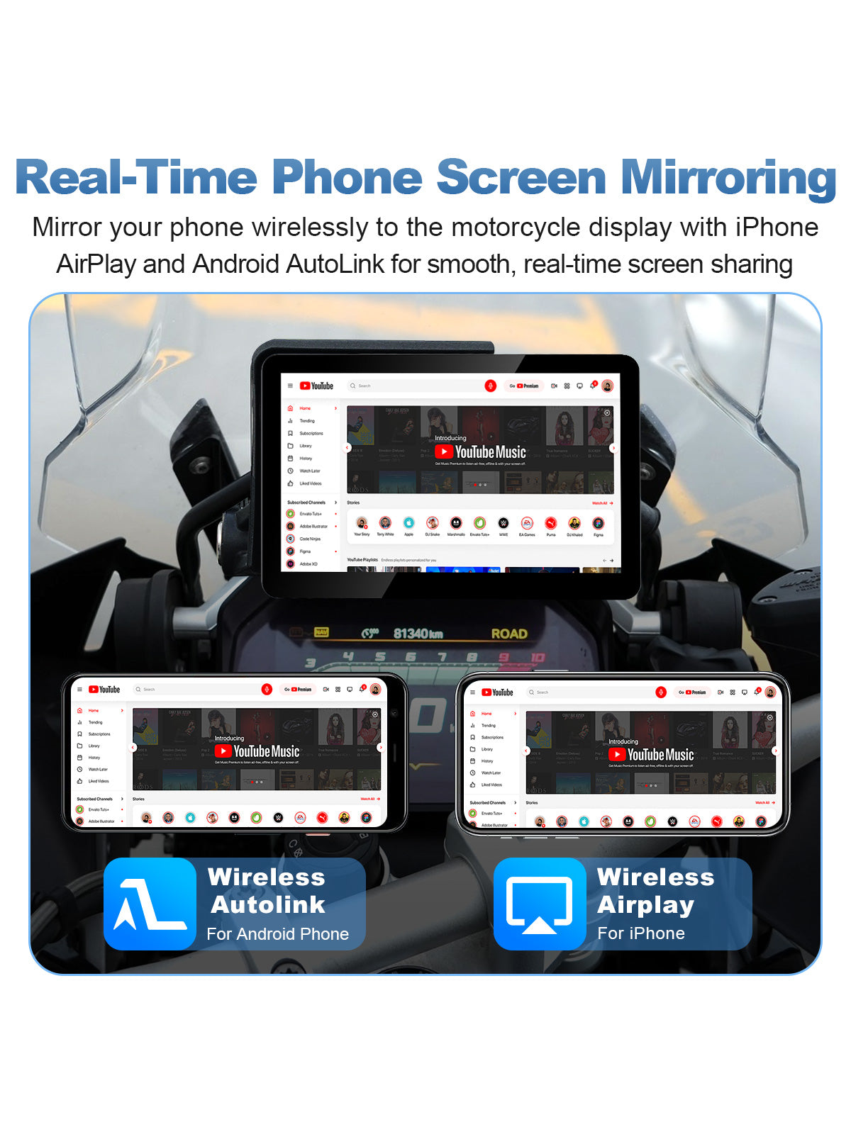 Linkifun MT13A Pro 6.2-inch BMW motorcycle display with wireless phone screen mirroring via AirPlay for iPhone and AutoLink for Android.