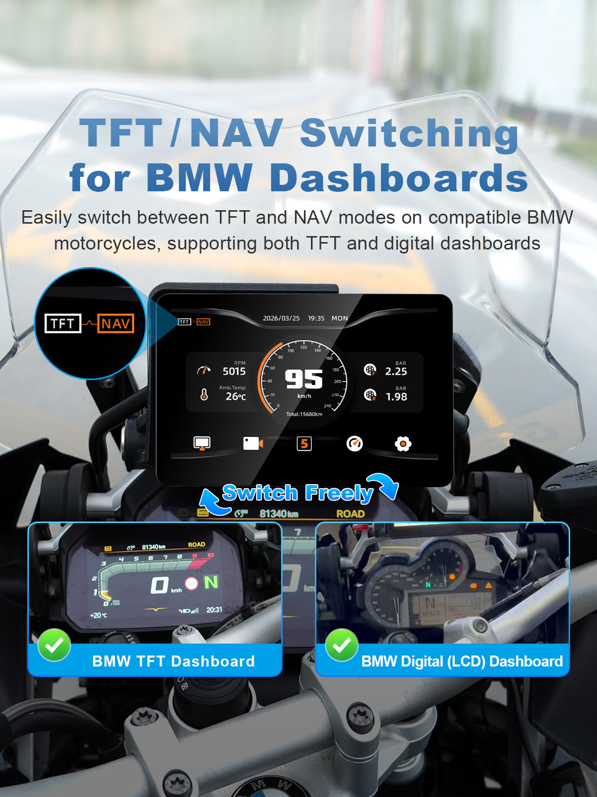 Linkifun MT13A Pro DVR supports TFT and NAV mode switching for compatible BMW TFT and digital dashboards