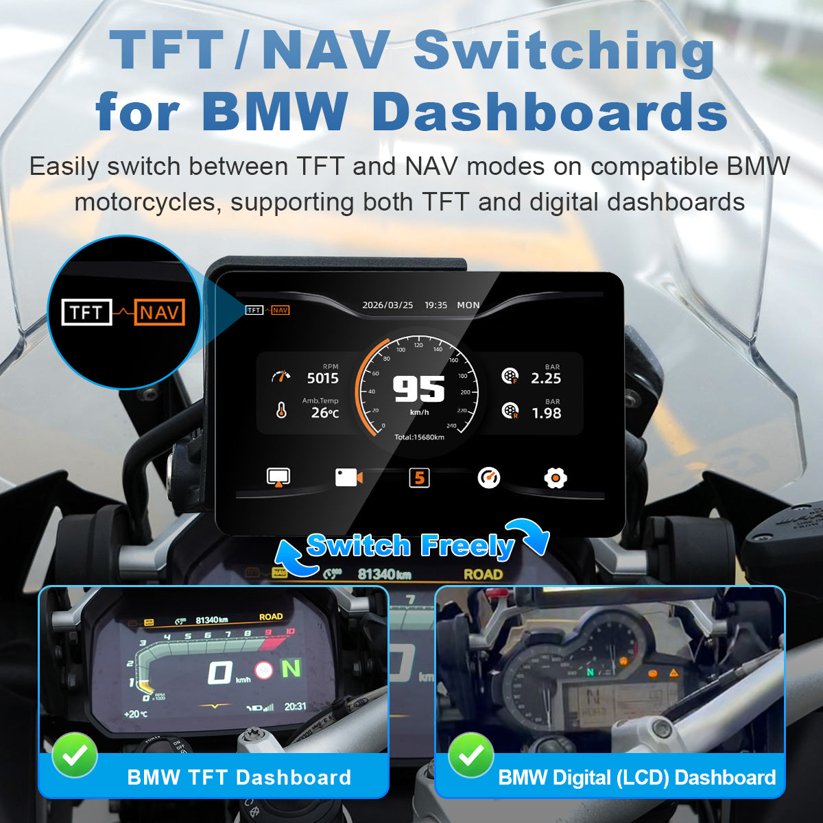Écran de moto Linkifun MT13A Pro DVR 6,2" pour BMW, CarPlay et Android Auto sans fil, Wonder Wheel, double DVR 1080P, TPMS en option