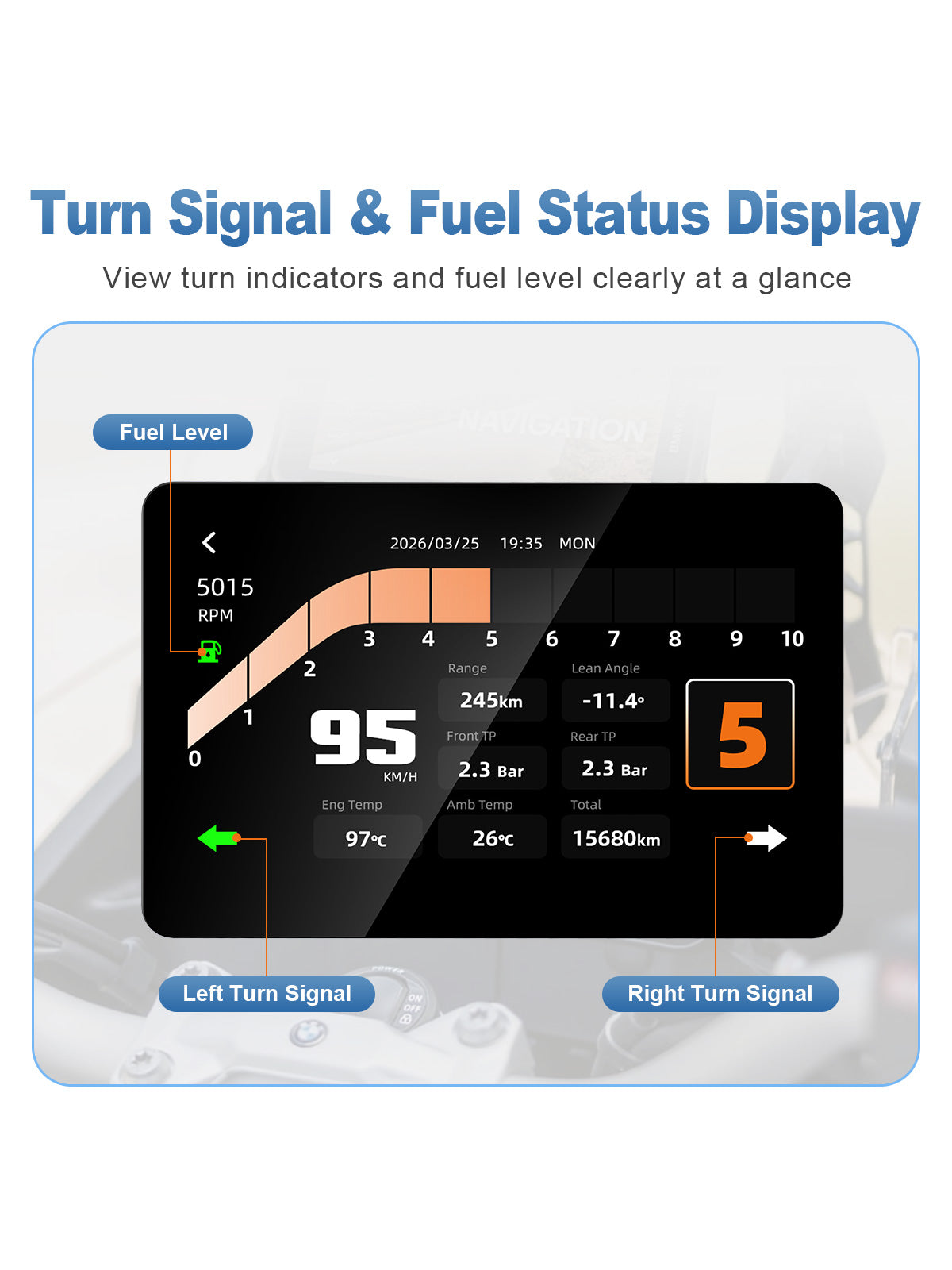 Linkifun MT13A Pro DVR motorcycle display showing turn signals and fuel status in real time