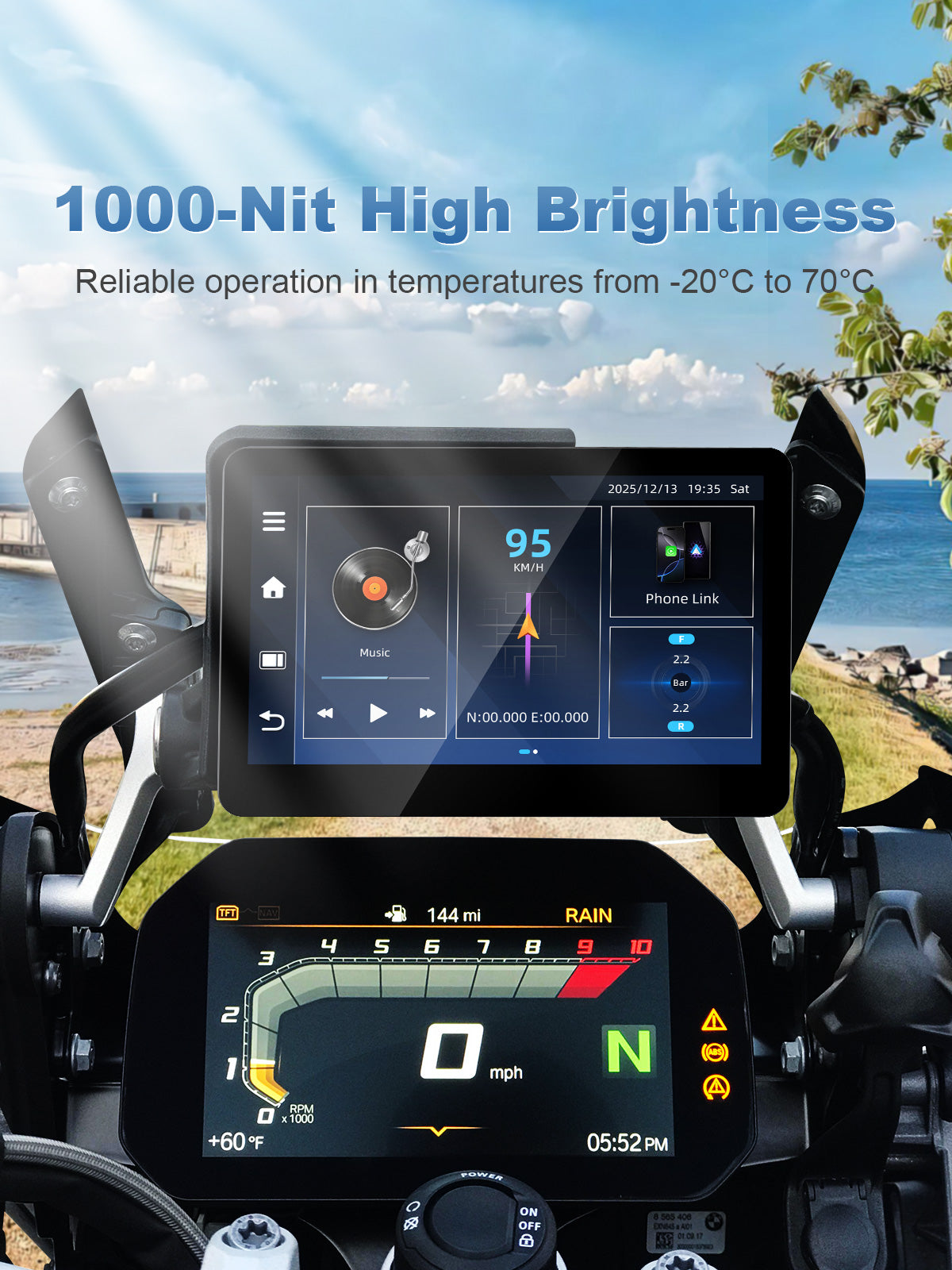 Linkifun MT13C 6.2 inch motorcycle display with 1000-nit high-brightness screen for clear outdoor visibility and reliable operation from -20°C to 70°C