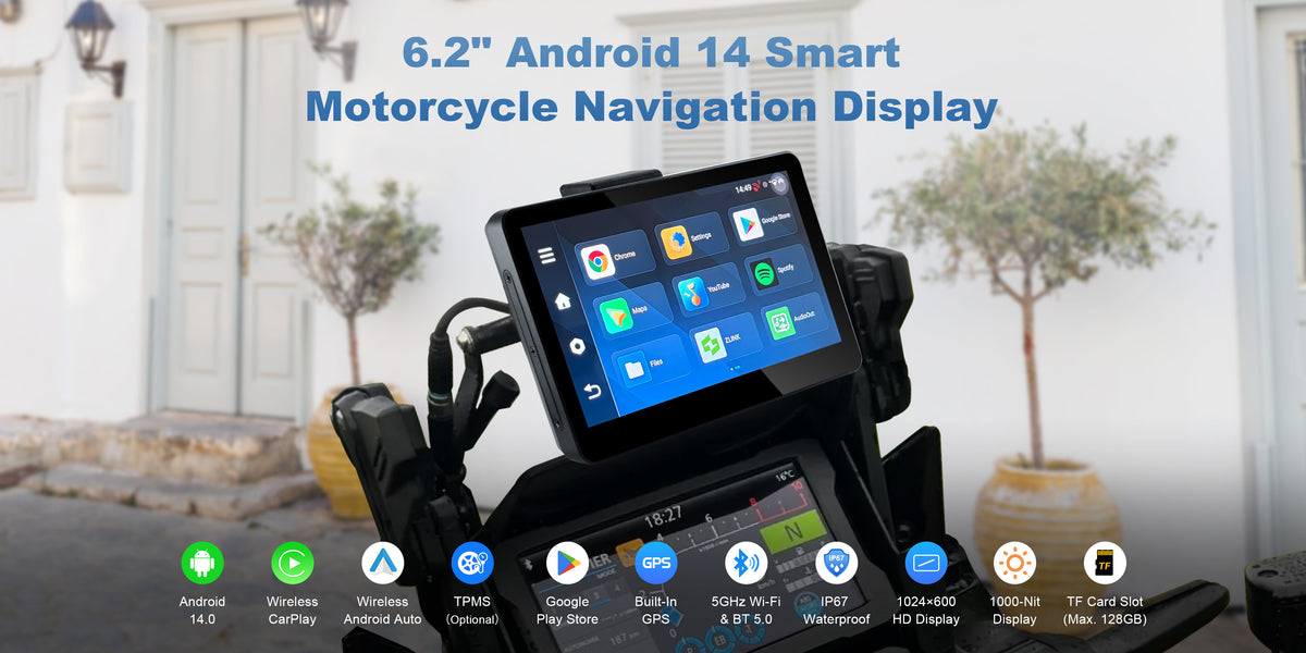 Linkifun MT13C 6.2 inch Android 14 motorcycle display mobile feature overview with quick-release bracket, CarPlay, Android Auto, GPS, optional TPMS and IP67 protection