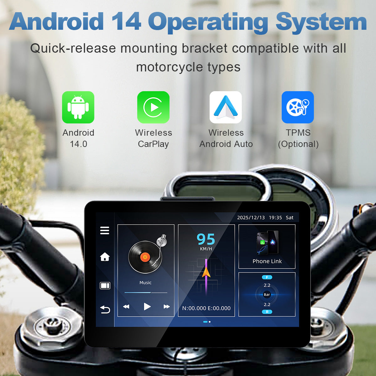 Linkifun™ MT13C + Bracket 6.2" Android 14 Smart Display for Universal Motorcycles – Google Play, Built-in GPS, Wi-Fi, Wireless CarPlay & Android Auto, Optional TPMS