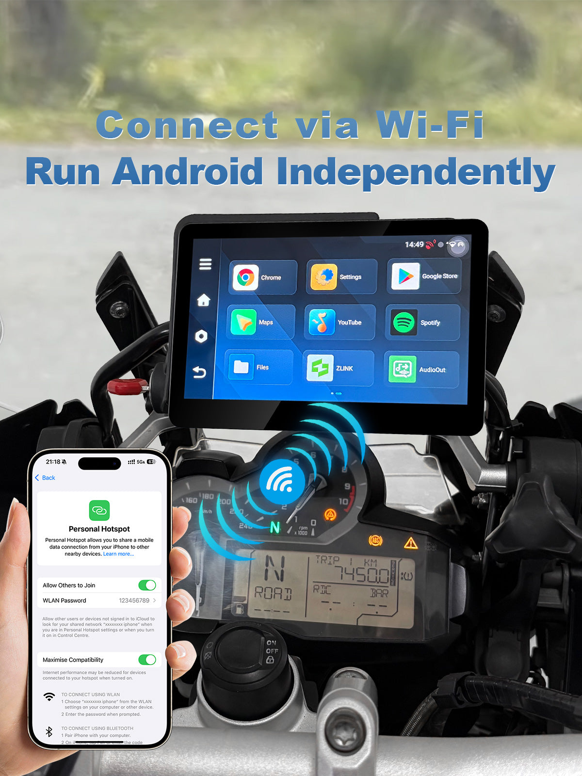 Linkifun MT13C 6.2 inch Android 14 motorcycle display connected to a phone hotspot for standalone Wi-Fi internet access