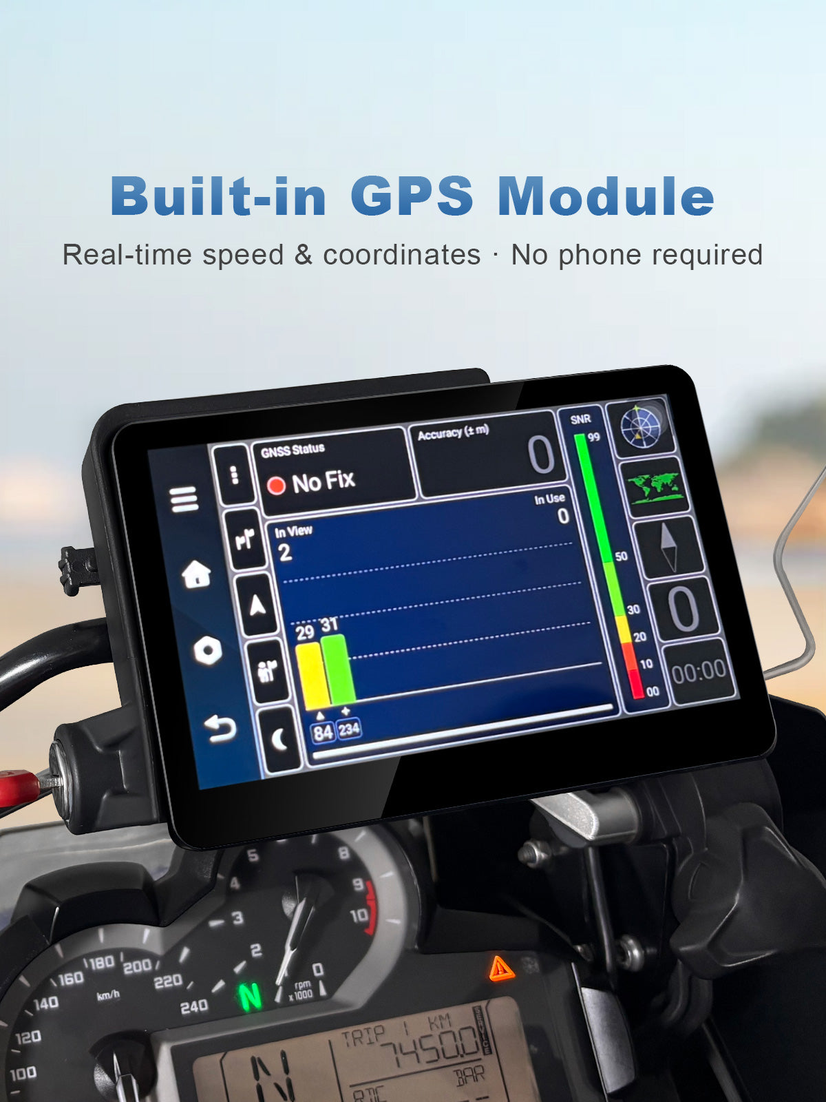 Linkifun MT13C 6.2 inch Android 14 motorcycle display with built-in GPS for real-time speed, coordinates and independent positioning