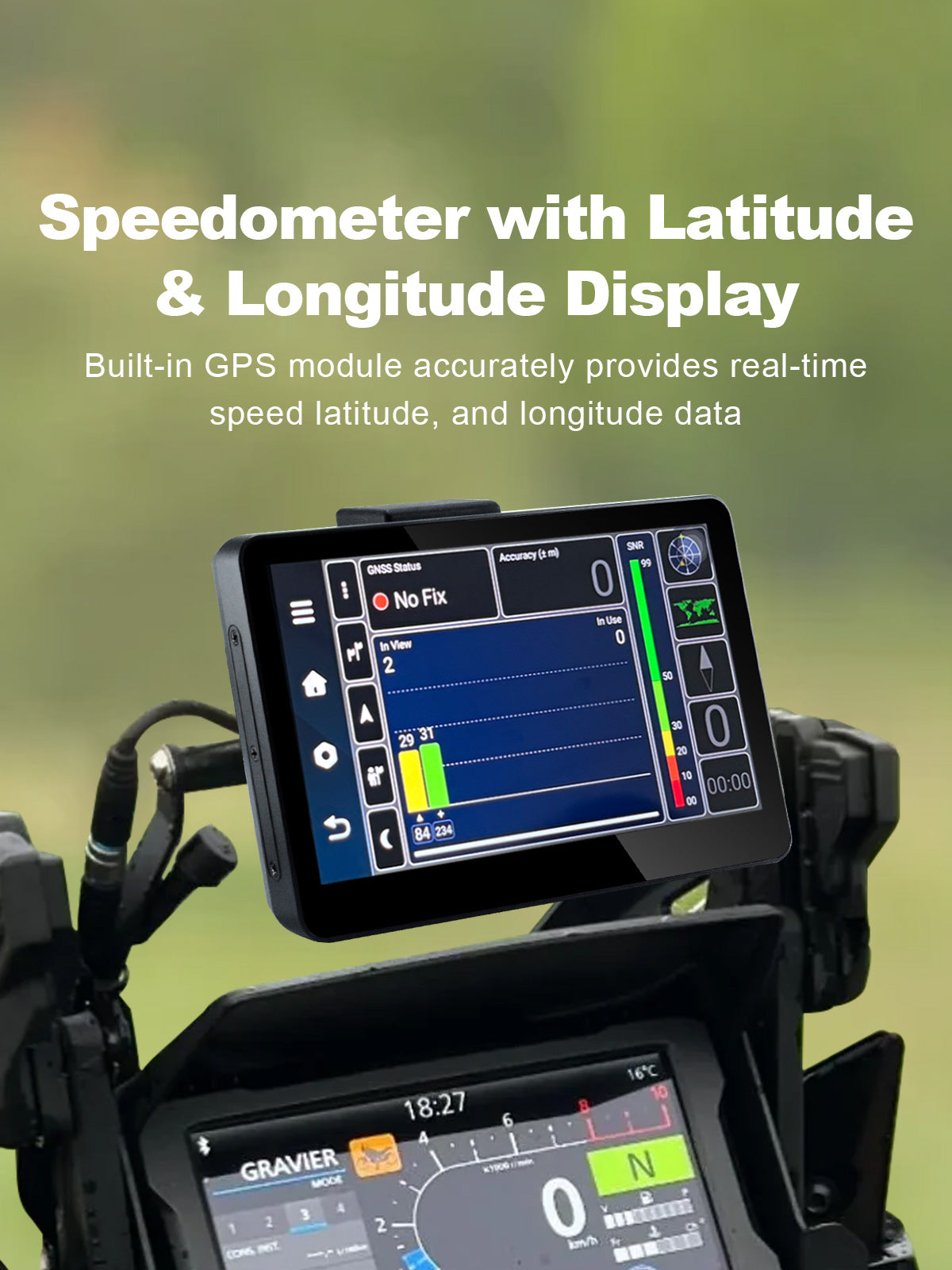 Linkifun MT13C 6.2 inch Android 14 motorcycle display with built-in GPS showing real-time speed, latitude, longitude and time