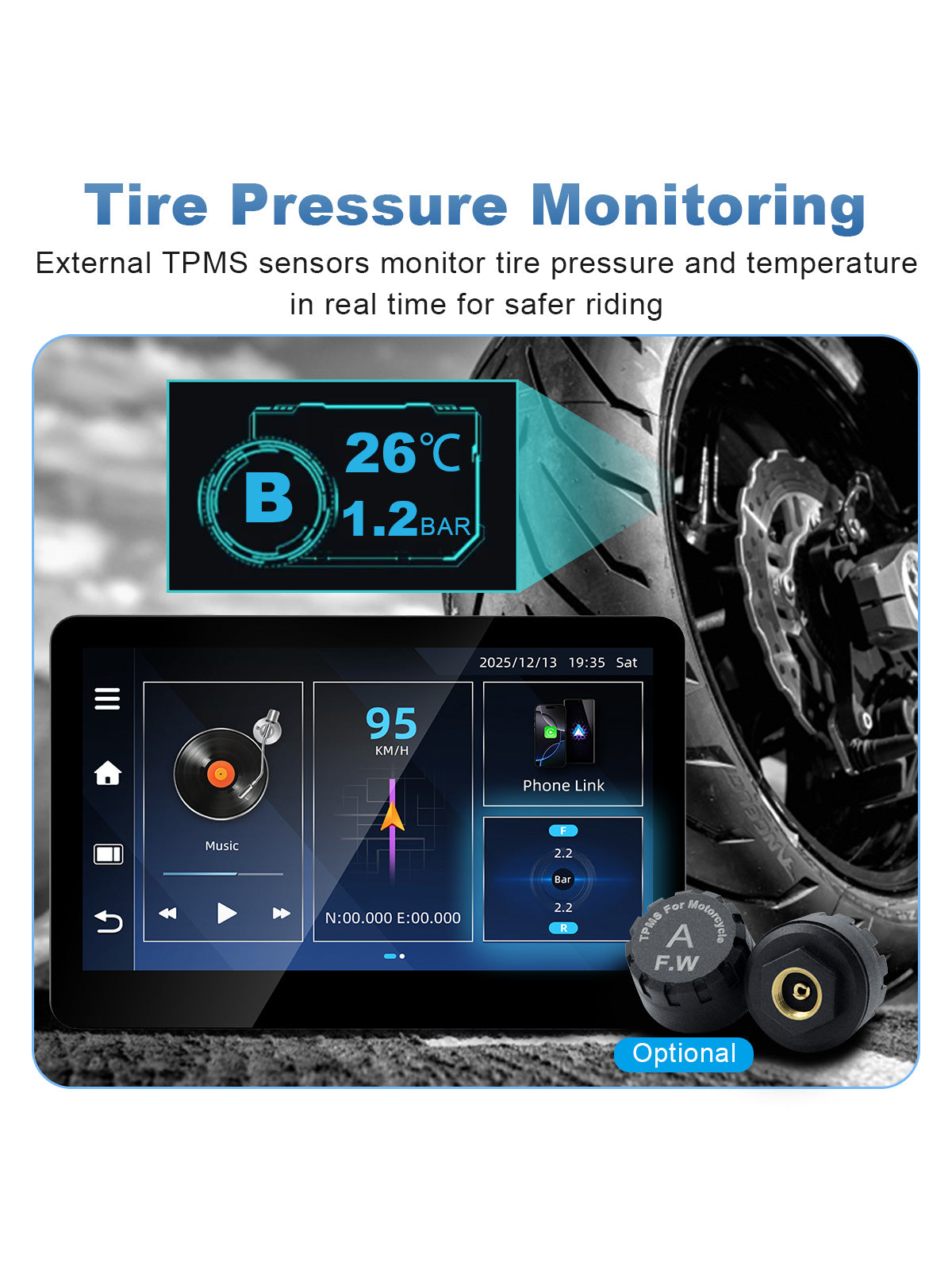 Linkifun MT13C bracket 6.2 inch Android 14 motorcycle display with optional TPMS for real-time tire pressure and temperature monitoring