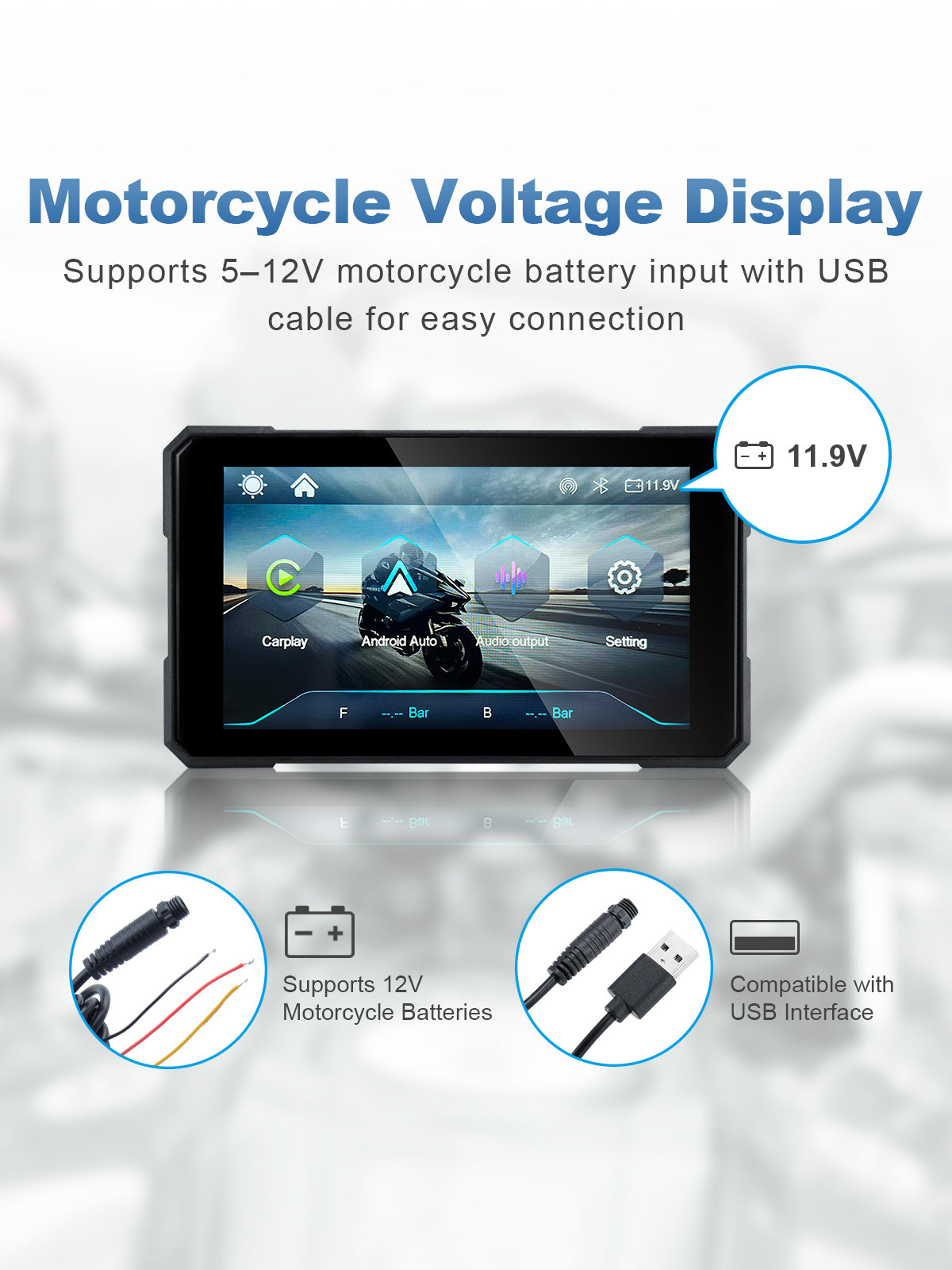 MT15 motorcycle navigation screen with flexible power options, supporting 5–12V motorcycle battery input or USB connection, compatible with motorcycles, e-bikes, scooters, bicycles, and portable power banks.