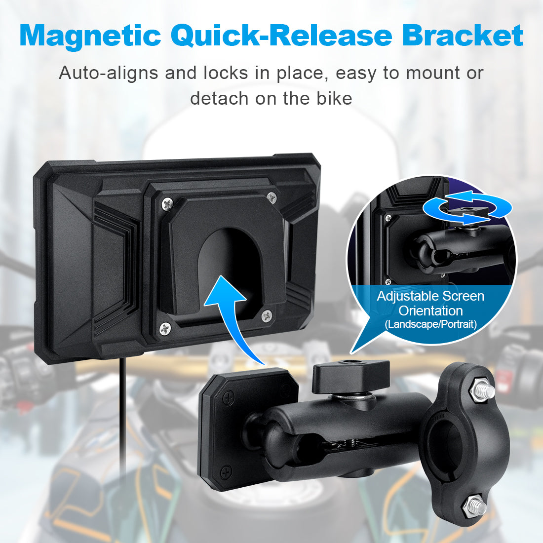 Linkifun MT15 motorcycle navigation screen with magnetic quick-release mount, enabling fast screen removal and effortless portrait or landscape adjustment.