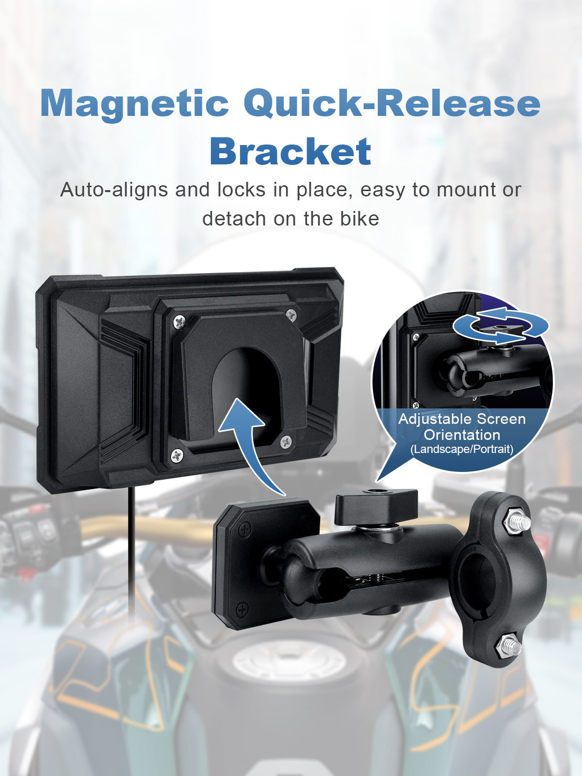 Linkifun MT15 motorcycle navigation screen with magnetic quick-release mount, enabling fast screen removal and effortless portrait or landscape adjustment.