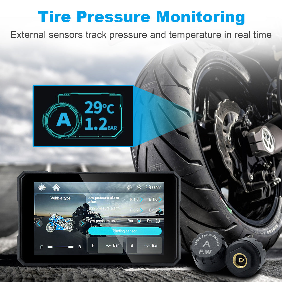 MT15 motorcycle navigation screen with optional TPMS sensors for real-time tire pressure and temperature monitoring.
