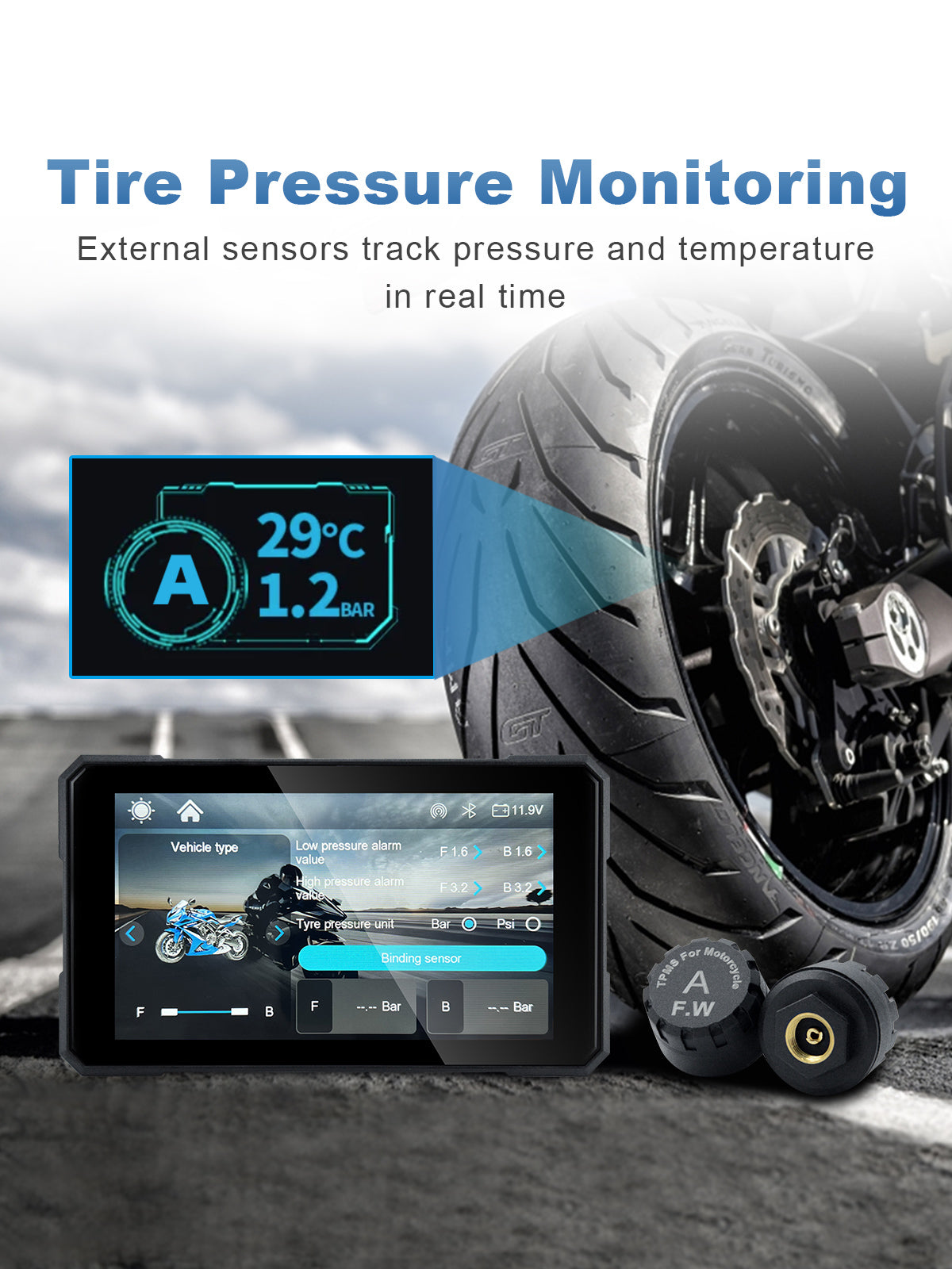 MT15 motorcycle navigation screen with optional TPMS sensors for real-time tire pressure and temperature monitoring.