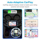 Motorcycle navigation screen with wireless Apple CarPlay, supporting Apple Maps, music, calls, Siri, and easy portrait or landscape rotation.