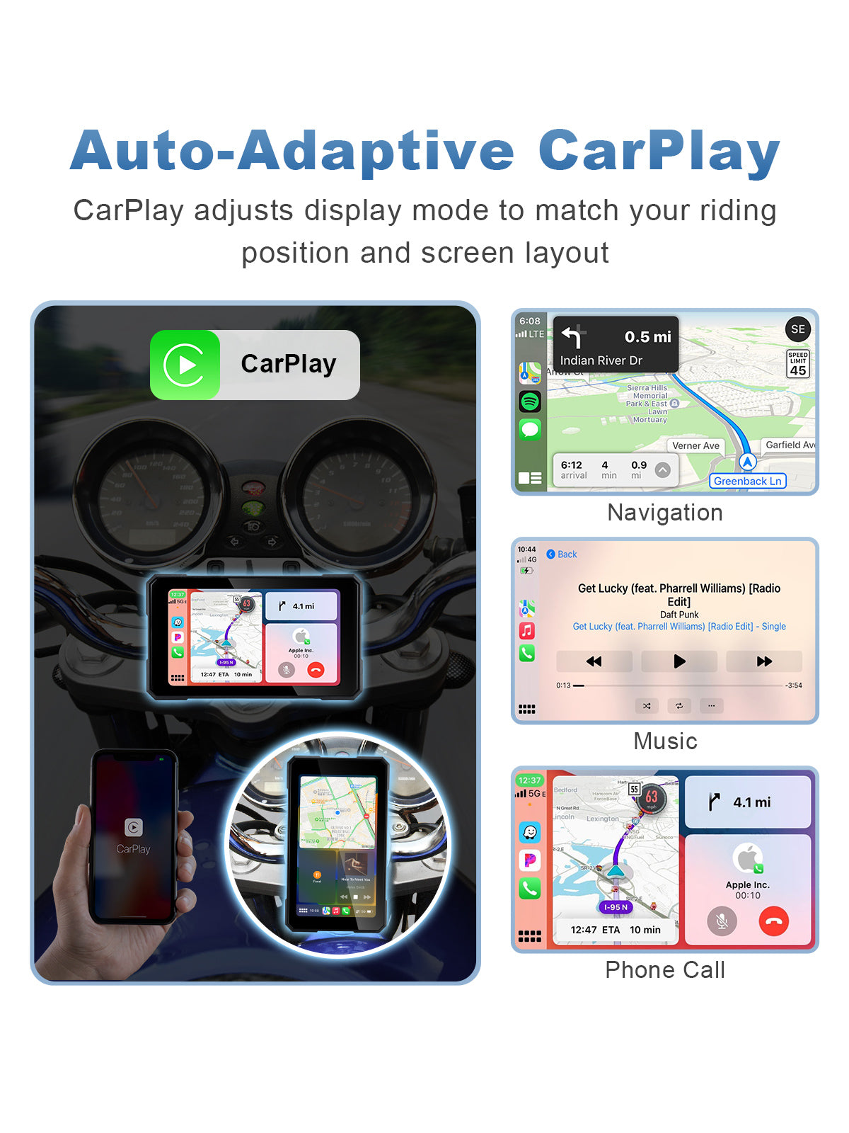 Motorcycle navigation screen with wireless Apple CarPlay, supporting Apple Maps, music, calls, Siri, and easy portrait or landscape rotation.