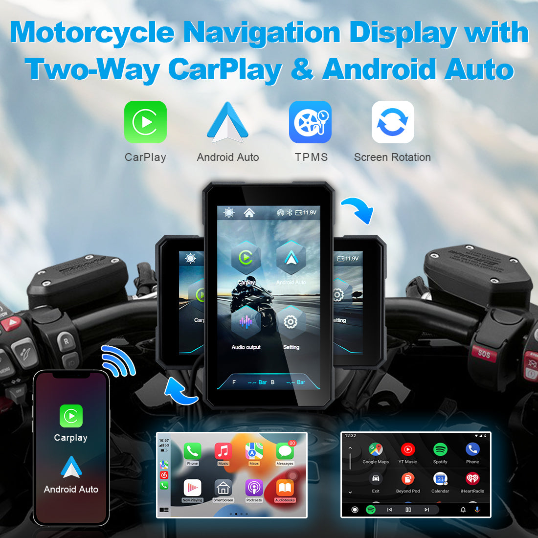 Linkifun™ MT15 5" Motorcycle Navigation Screen with Wireless CarPlay & Android Auto, Portrait & Landscape Mode, Single Bluetooth, Optional TPMS, Battery/USB Power