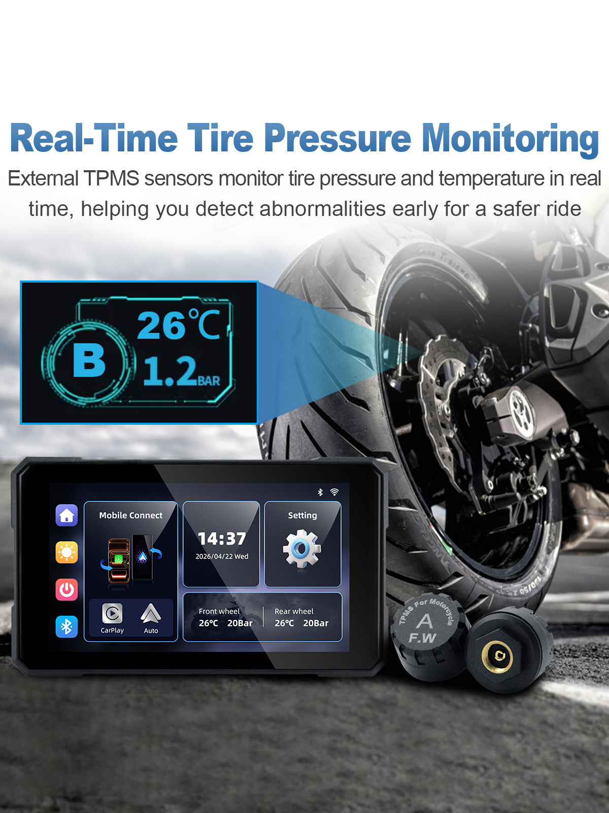 Linkifun MT15A 5-inch motorcycle navigation screen with optional TPMS sensors showing real-time tire pressure and temperature