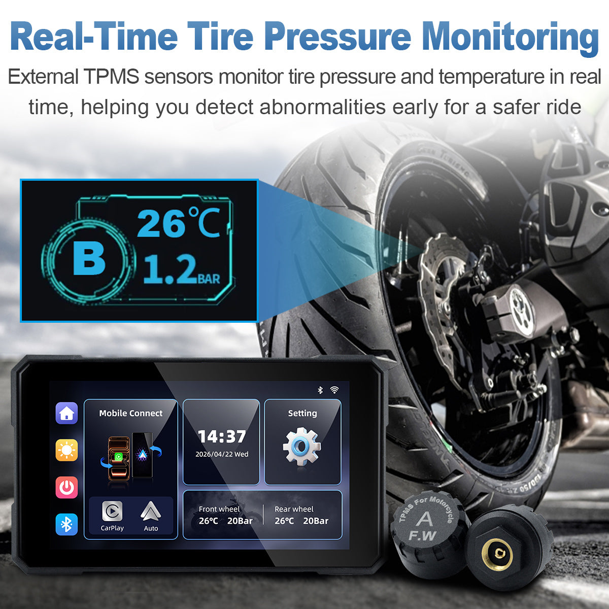 Linkifun™ MT15A 5" Smart Motorcycle Navigation Display – Wireless CarPlay & Android Auto, Portrait/Landscape Rotation, Single Bluetooth, Optional TPMS, Battery & USB Power