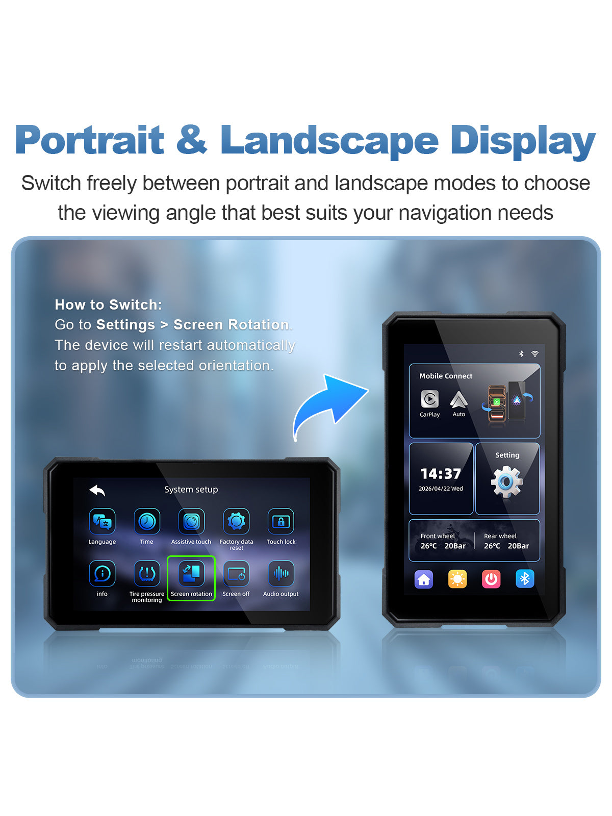 Linkifun MT15A 5-inch motorcycle navigation screen showing portrait and landscape display modes with screen rotation settings